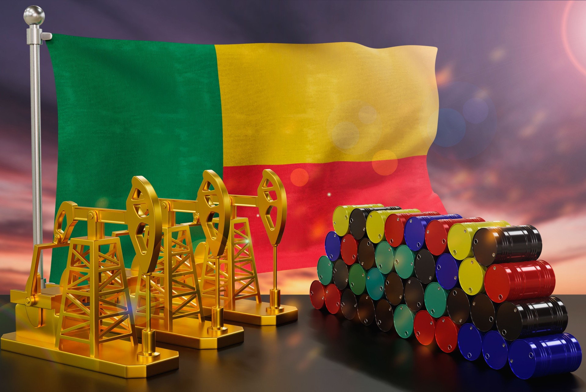Le marché pétrolier du Bénin. Pompe à huile en or et barils de métal. Le concept de production, de stockage et de valeur du pétrole. Drapeau du Bénin en arrière-plan.  Rendu 3D.